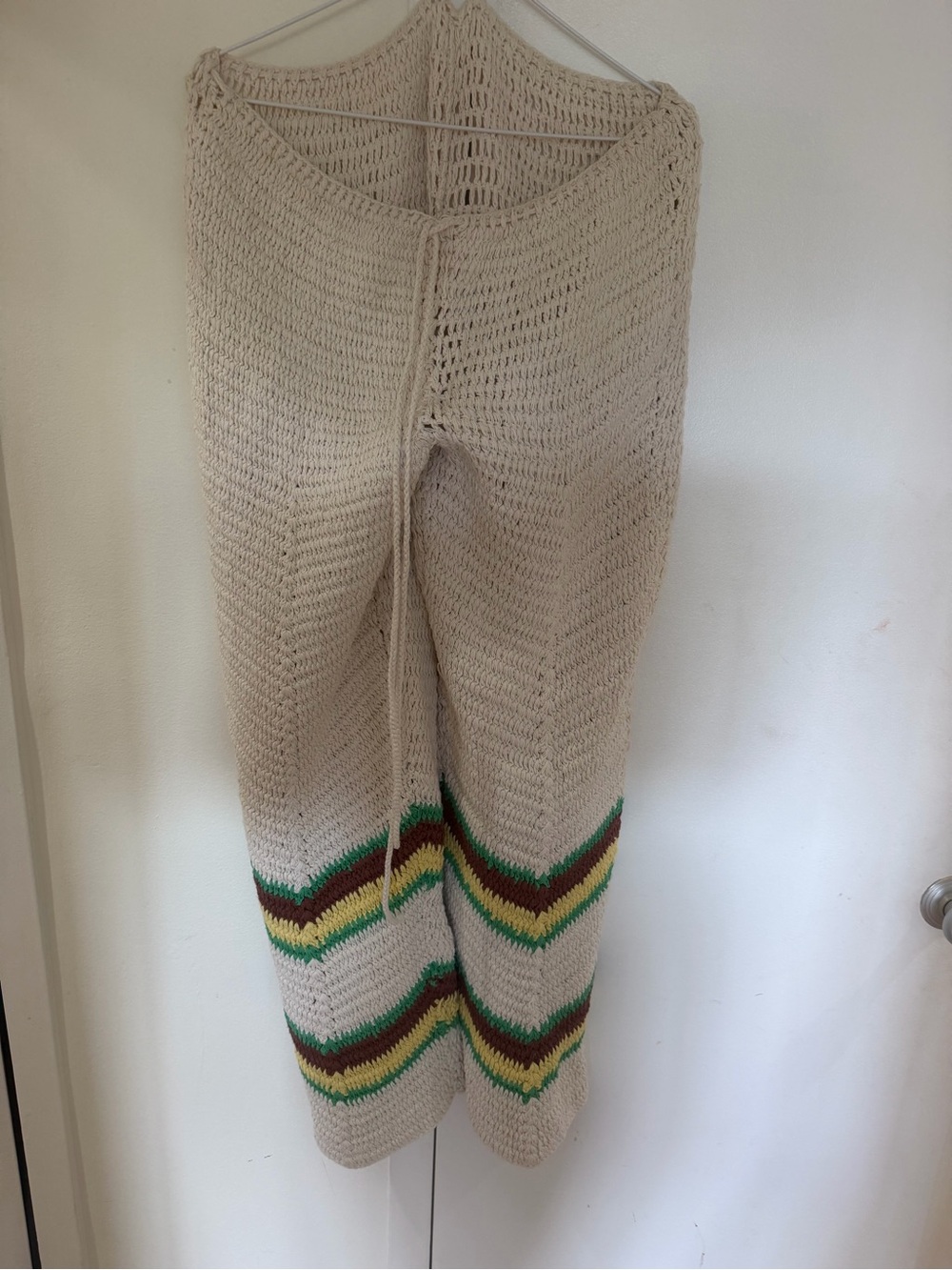 Cream Crochet Wide-Leg Knit Pants with Green, Yellow & Brown Chevron Trim